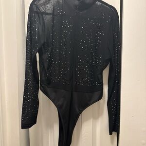 Black Long Sleeve Bodysuit with Rhinestones